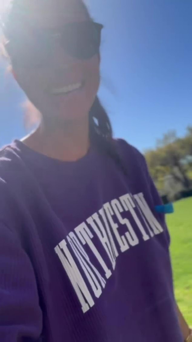 Meghan Markle recreates Princess Diana’s iconic look in Northwestern sweatshirt in new Instagram clip of her ‘soaking up weekend’ in the Californian sunshine